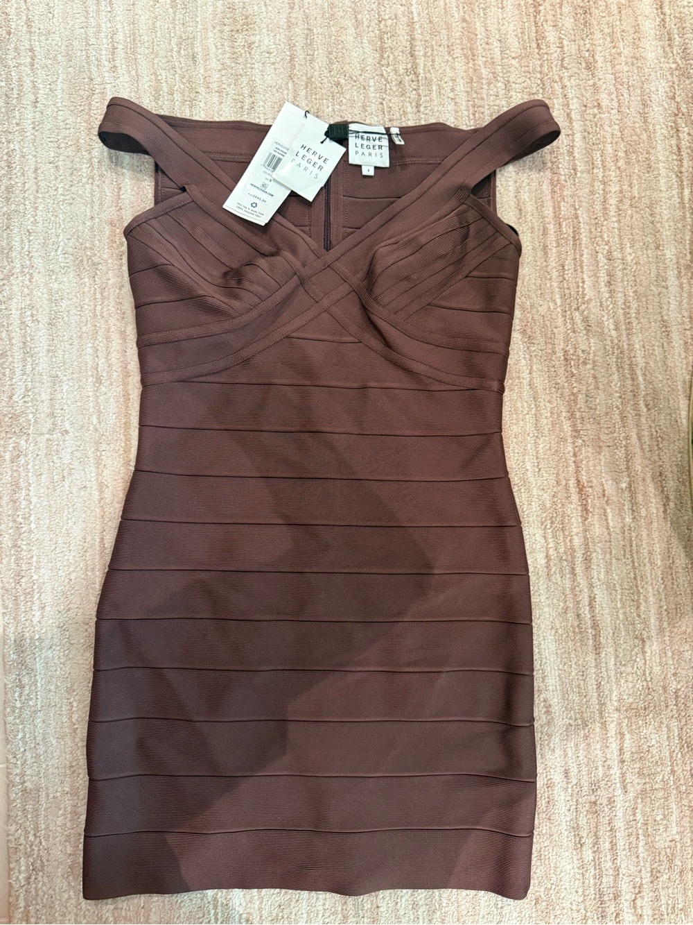 Herve Leger Chocolate Brown Bandage Off-Shoulder Mini Dress